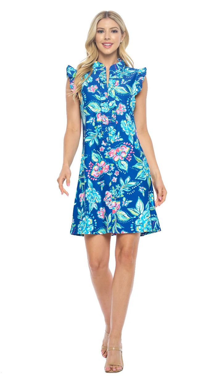 Sleeveless Floral Navy With Flutter Sleeves