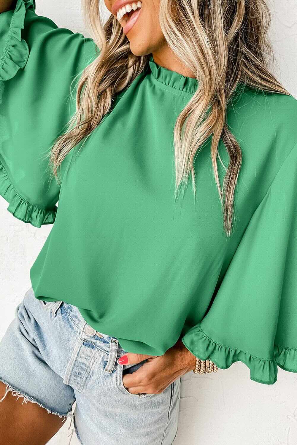 Green Frilly Blouse Wide Sleeve