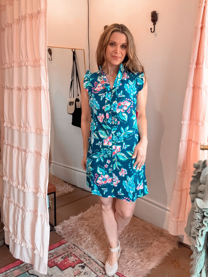 Sleeveless Floral Navy With Flutter Sleeves