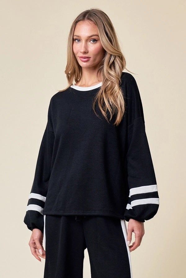 Black top white stripe sweatshirt