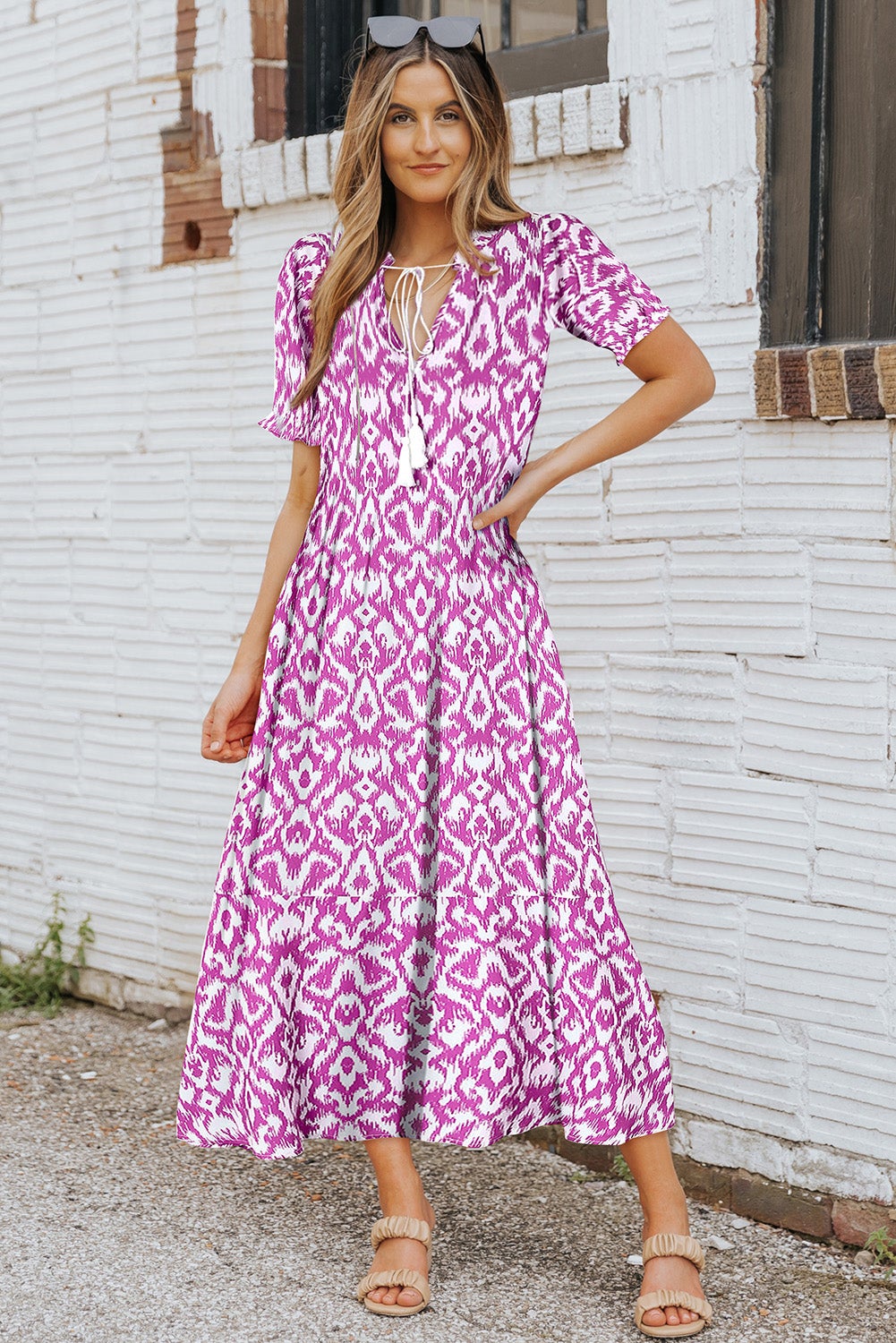 pink geometric dress Betty Rosa Pink Polka Dot V-Neck Drape Midi Dress