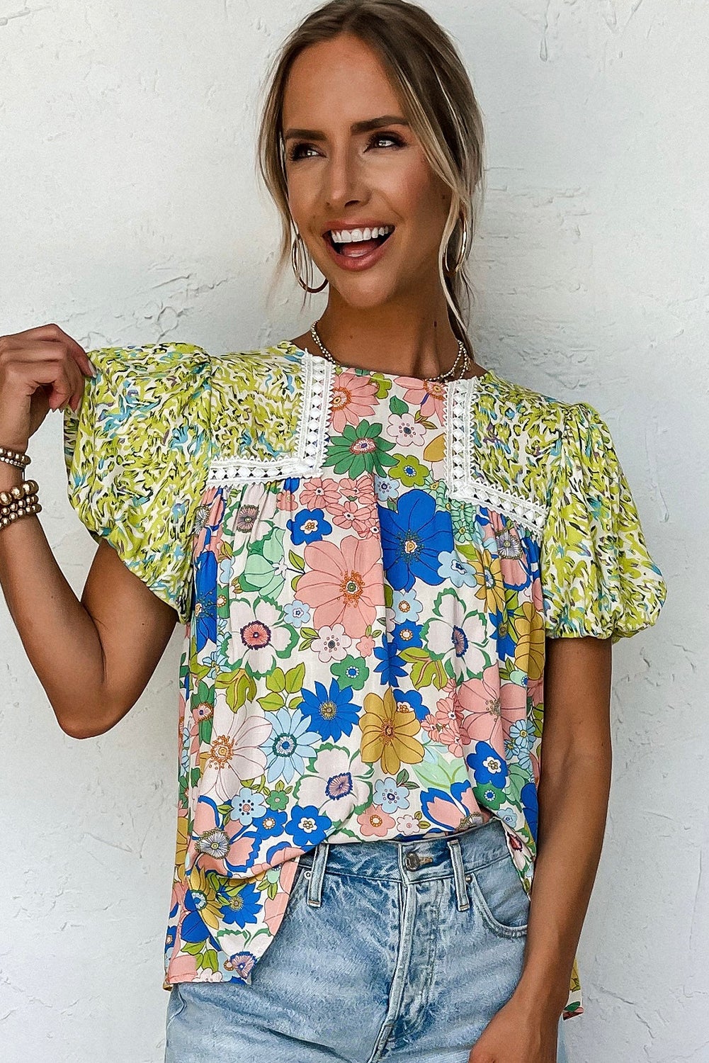 Green Bubble Sleeve Floral Mixed Print Top