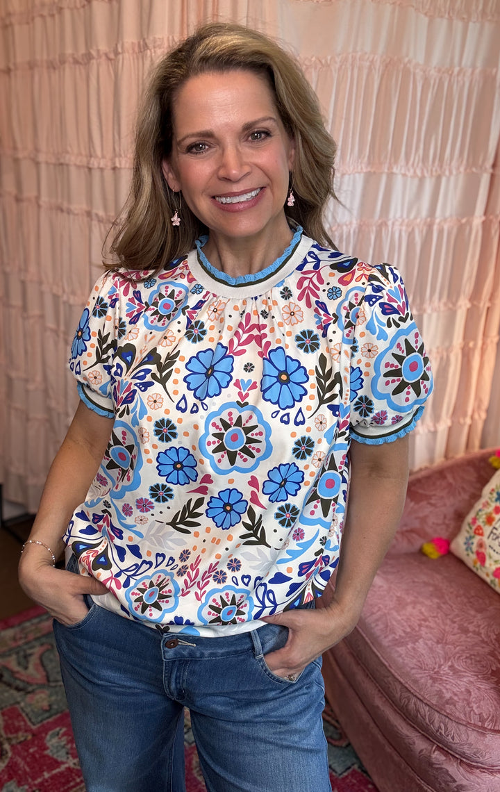 Retro Floral Puff Sleeve Top