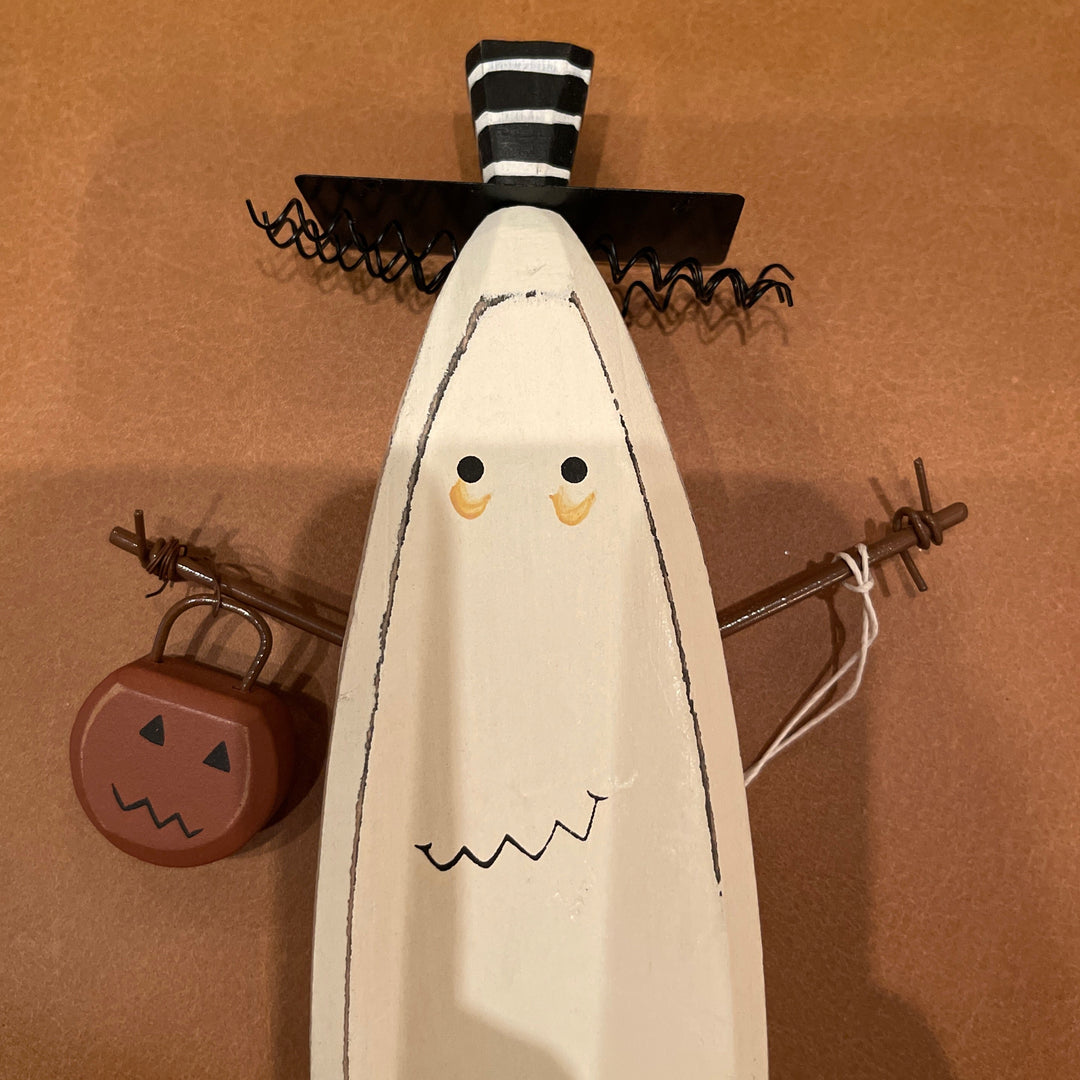 Chunky Ghost Sitter Holding Pumpkin Basket Halloween Wood Figurine