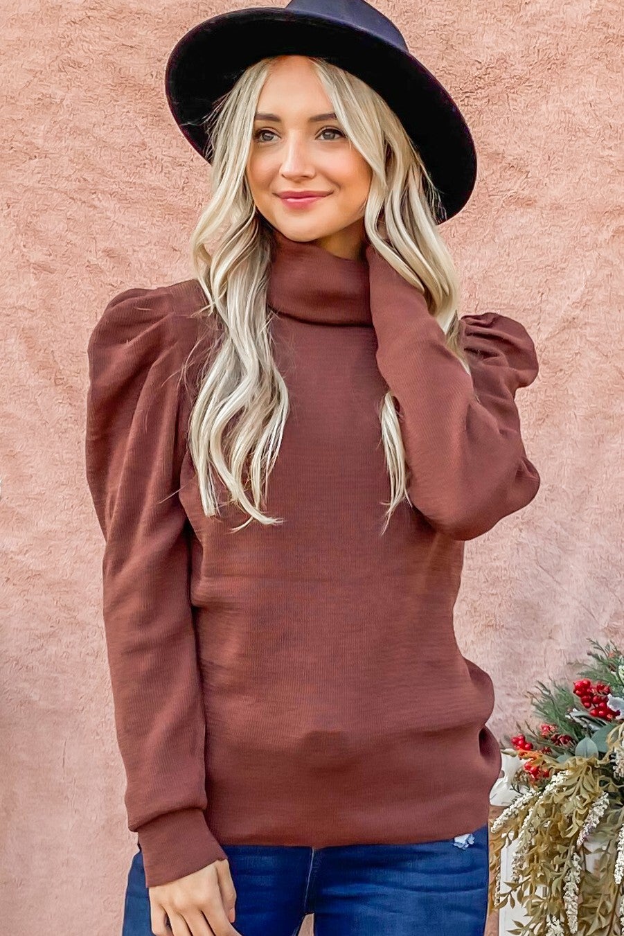 Brown puff shoulder turtle neck top