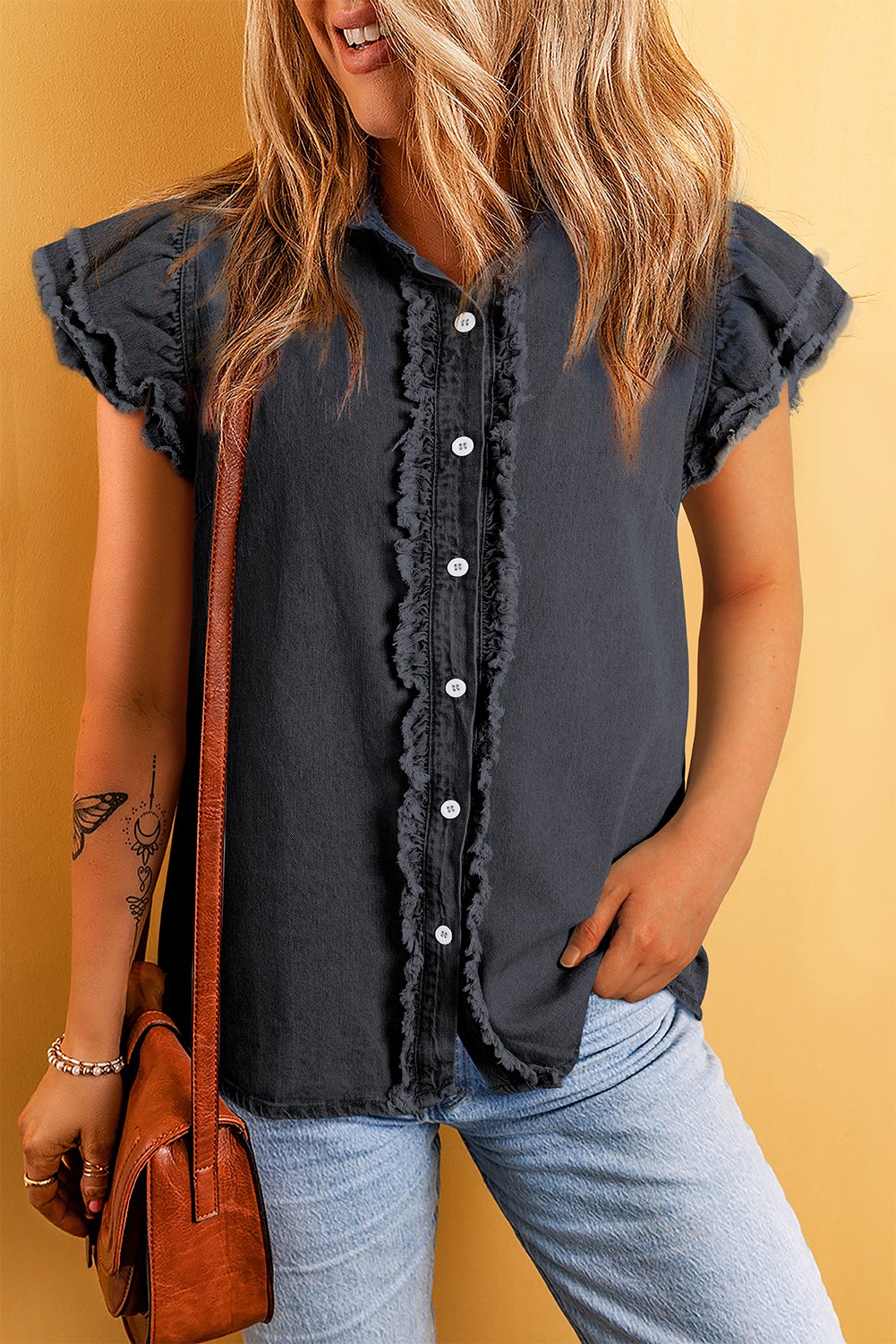Dark Denim Top With Fluttered Sleeve
