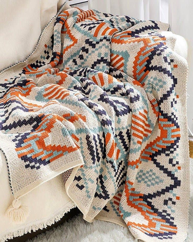 Knit Tribal Tassel 50x60 Inch Throw Blanket
