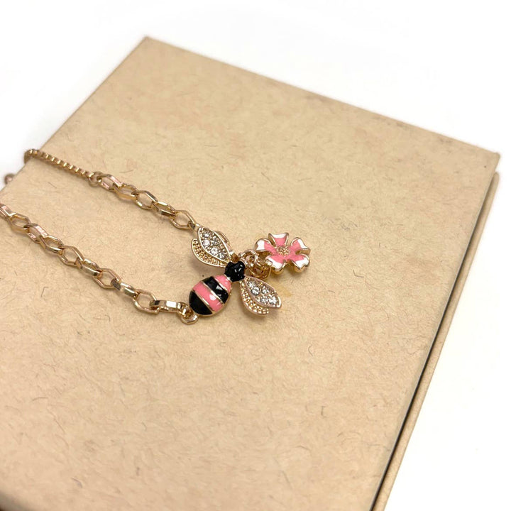 Honey Bee & Flower Enamel Charm Drop Adjustable Bracelet