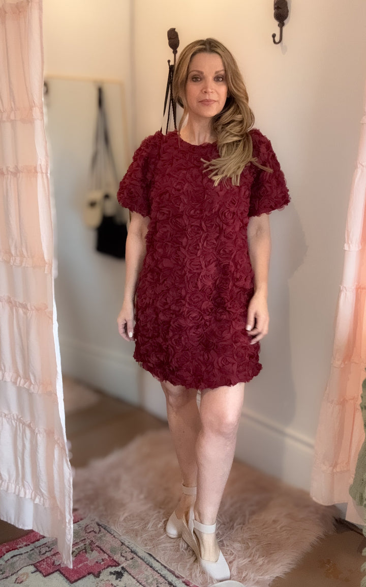 Rose Applique Bubble Sleeve Dress