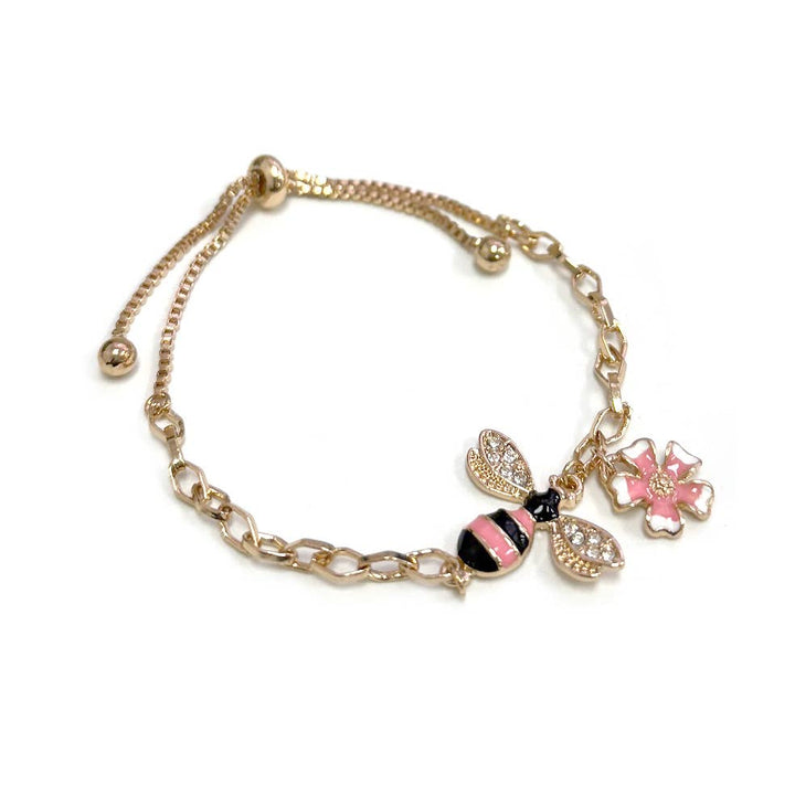 Honey Bee & Flower Enamel Charm Drop Adjustable Bracelet