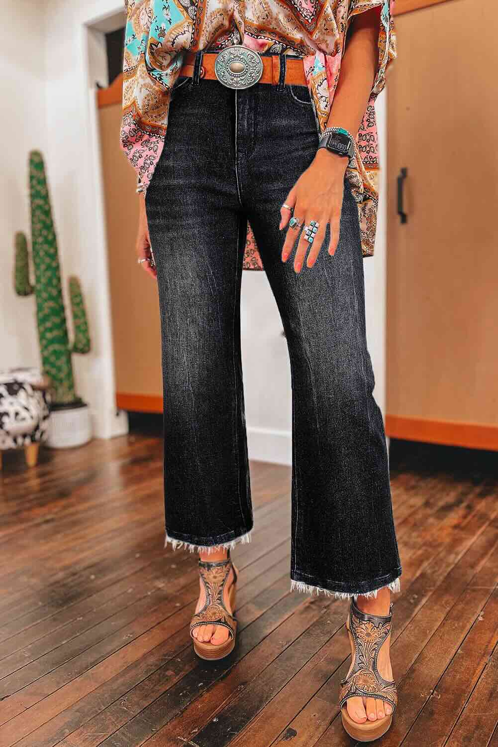 Grey Raw Hem Flared Jeans