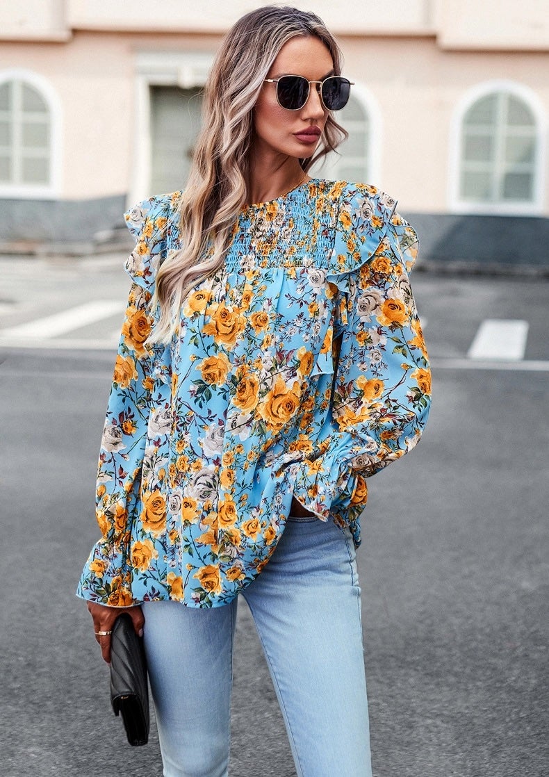 Blue & Yellow Floral Print Blouse