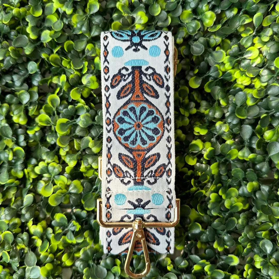 Boho guitar strap tan/white