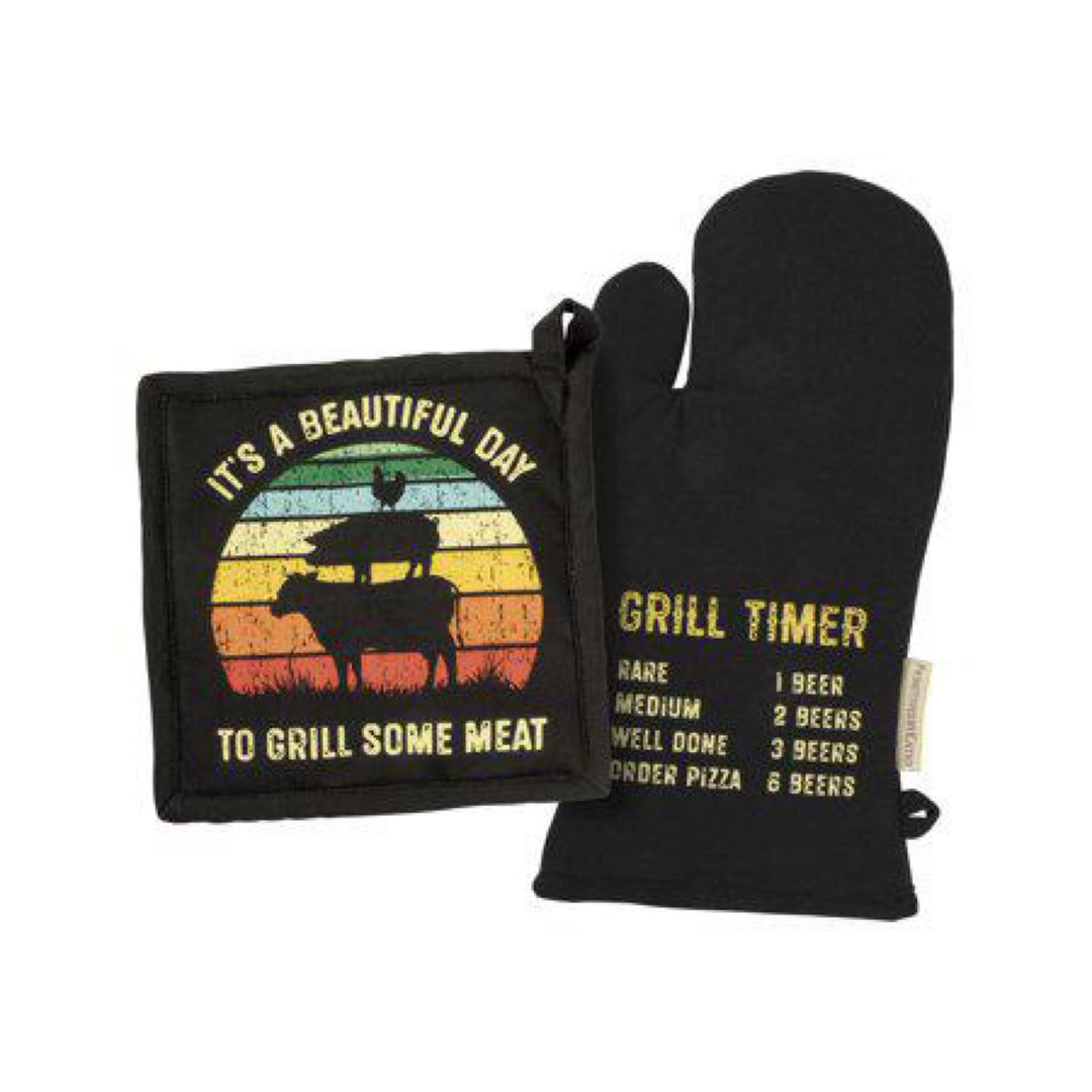 Grill Themed Oven Mitt & Pot Holder Kitchen Gift Set