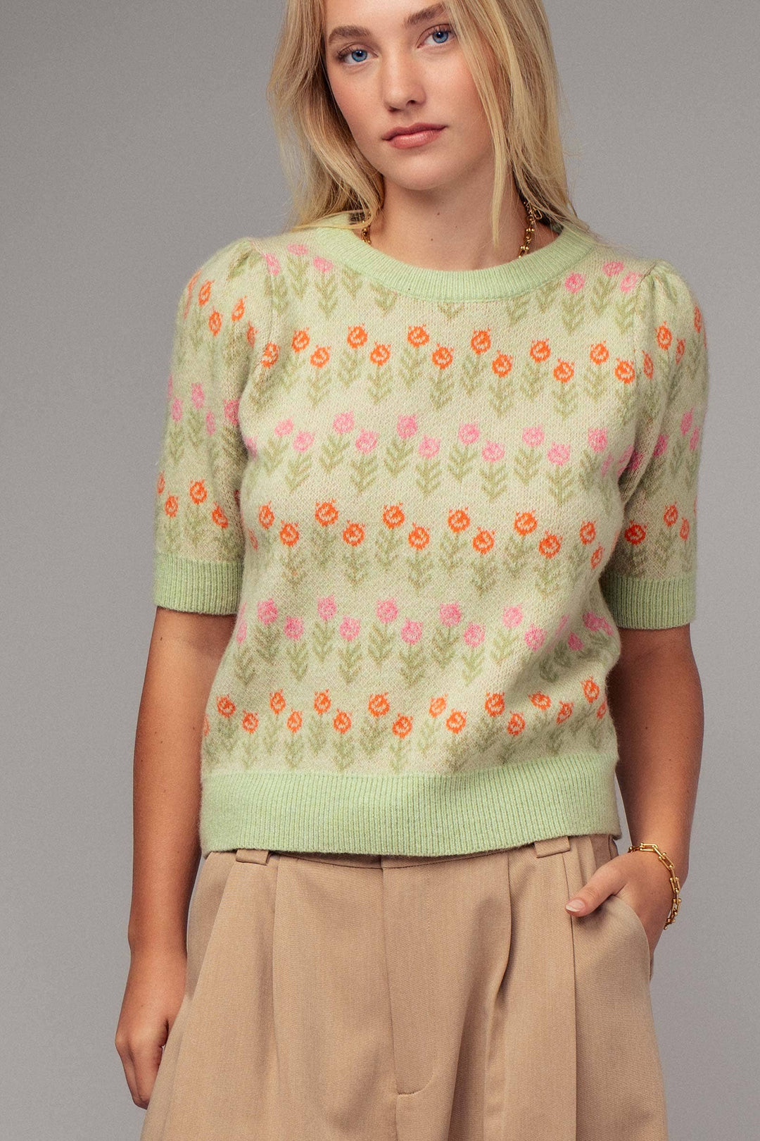 Floral Print Crew Neck Knit Sweater