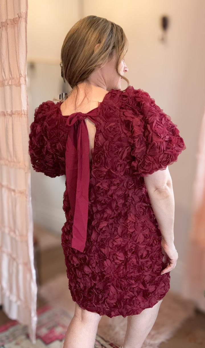 Rose Applique Bubble Sleeve Dress