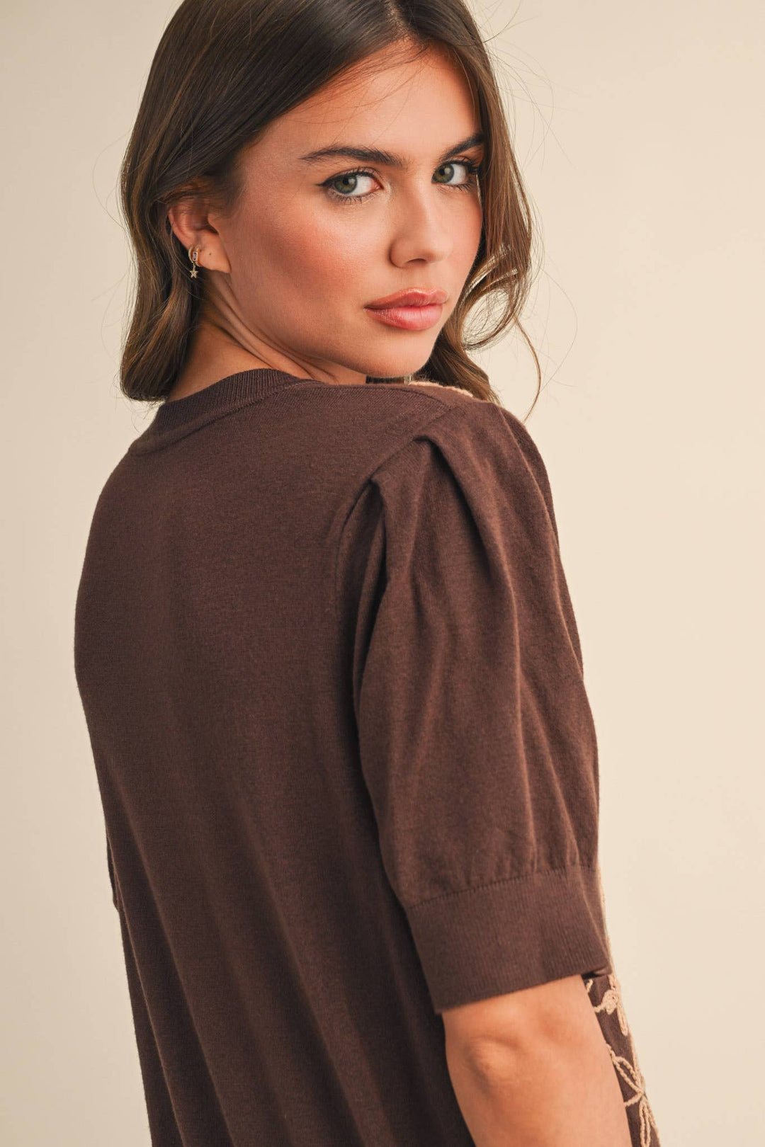 Brown Puff Sleeve Sweater Top