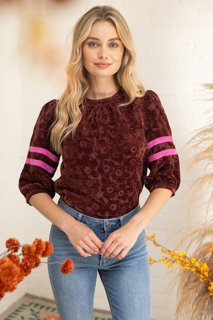 Velvet Stripe Detail Sleeve Floral Top