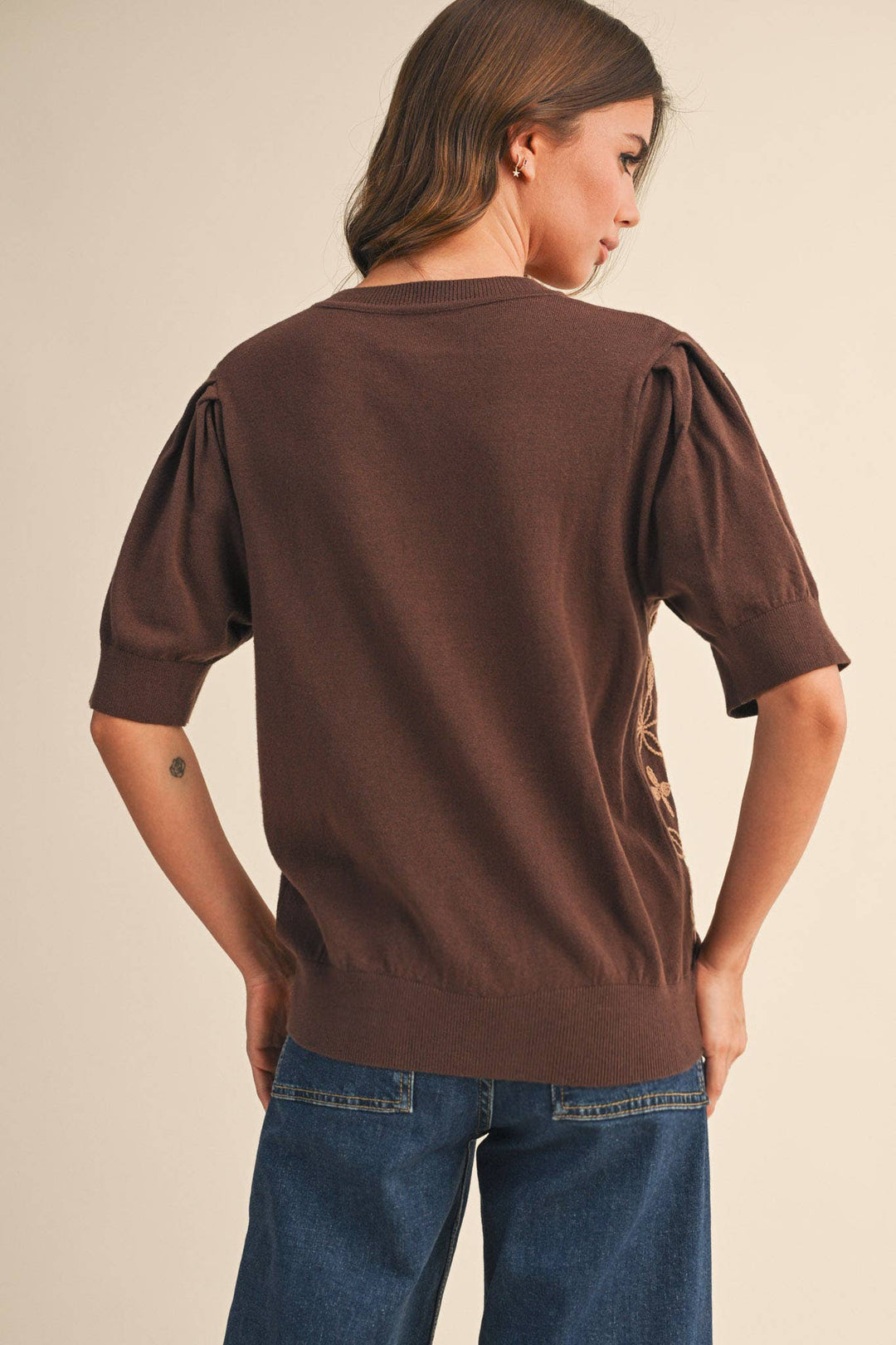 Brown Puff Sleeve Sweater Top