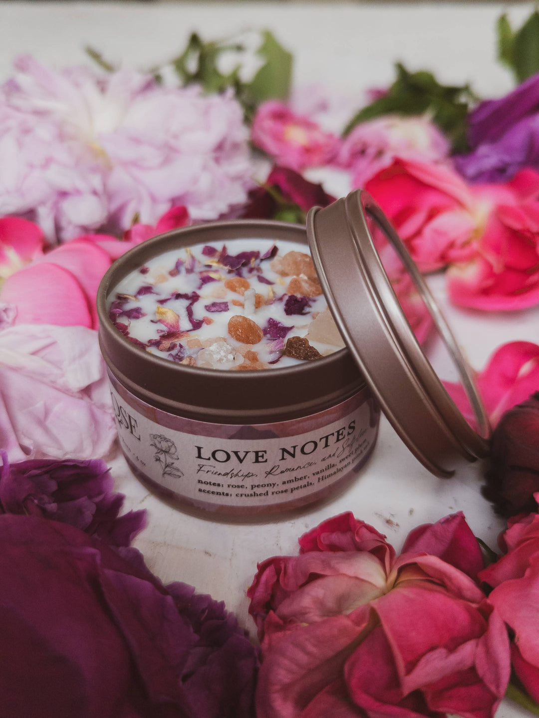 Love Notes Soy Candle Rose Petals Pink Himalayan Salt Flower