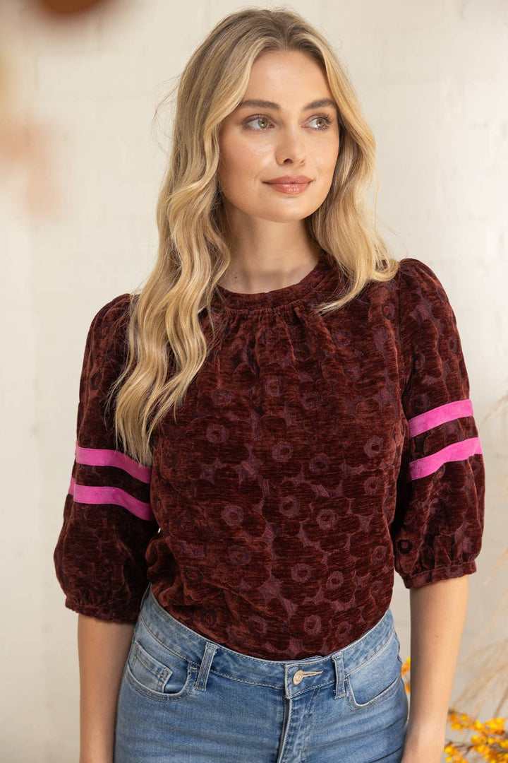Velvet Stripe Detail Sleeve Floral Top