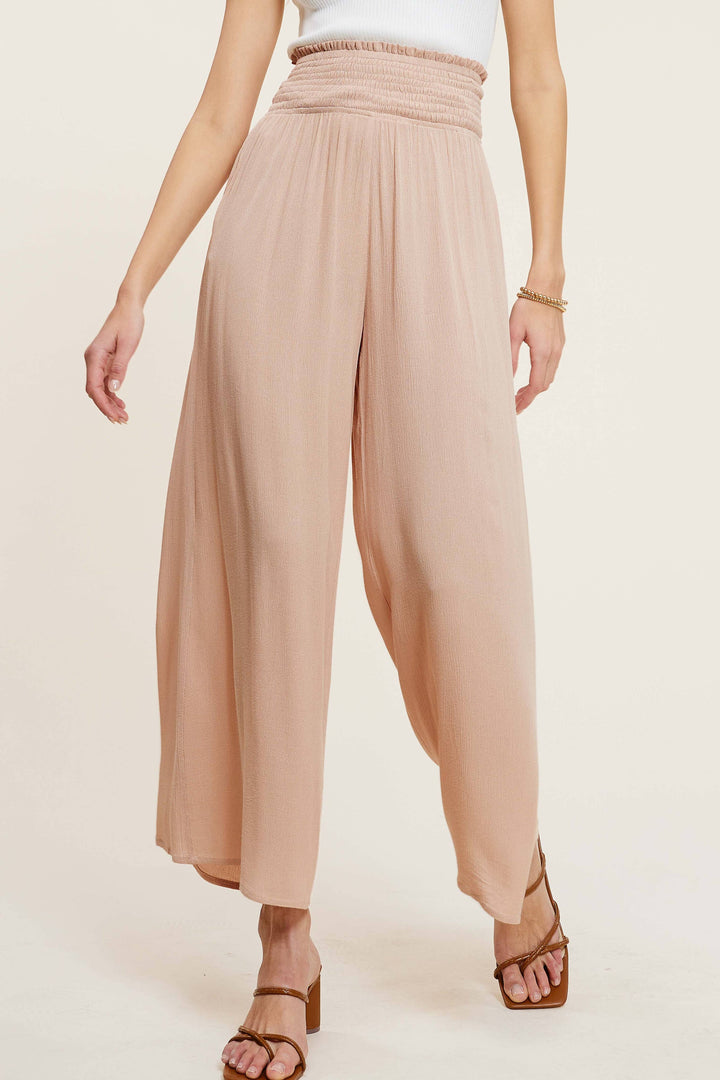 Wide Leg Smocked Elastic Waist Pants With Pockets