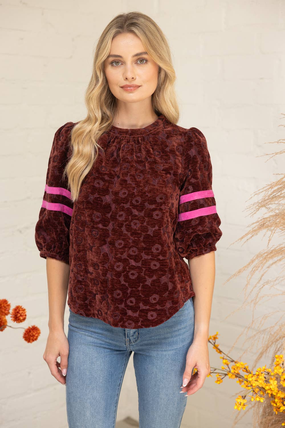 Velvet Stripe Detail Sleeve Floral Top