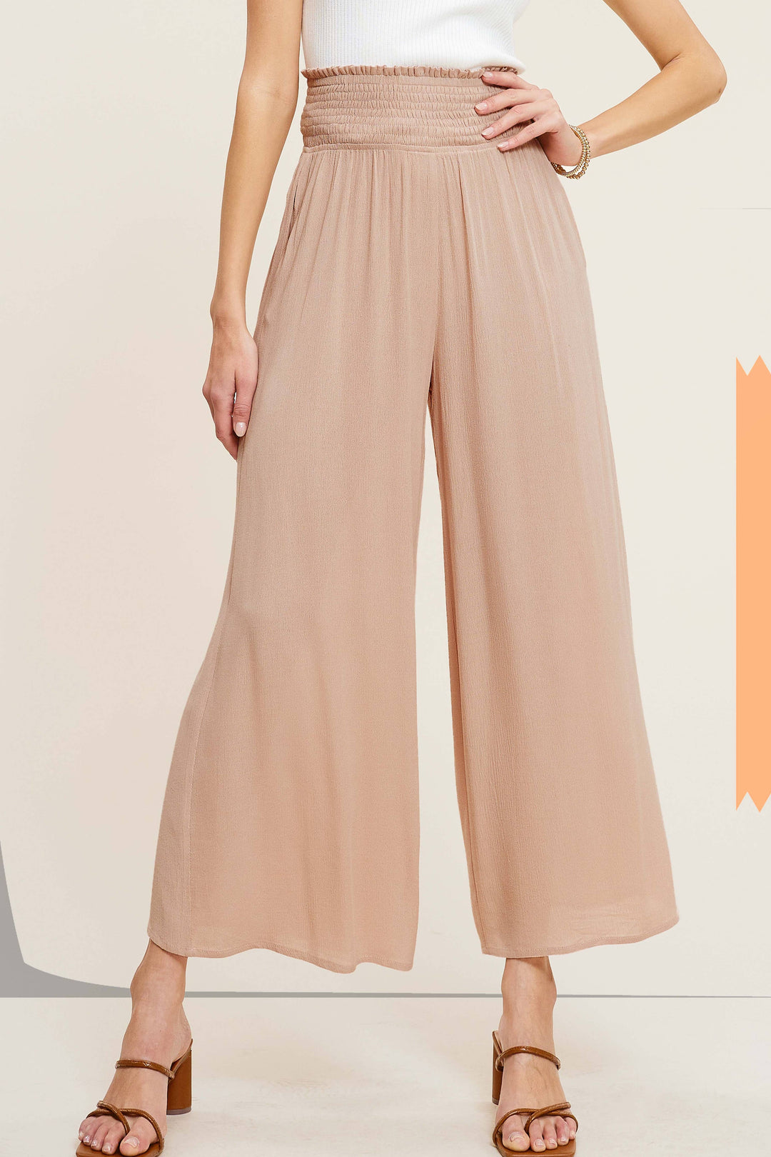 Wide Leg Smocked Elastic Waist Pants With Pockets