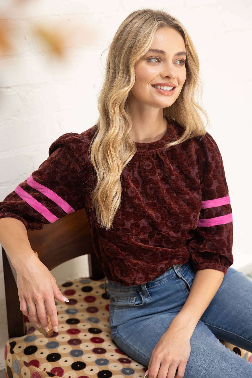 Velvet Stripe Detail Sleeve Floral Top