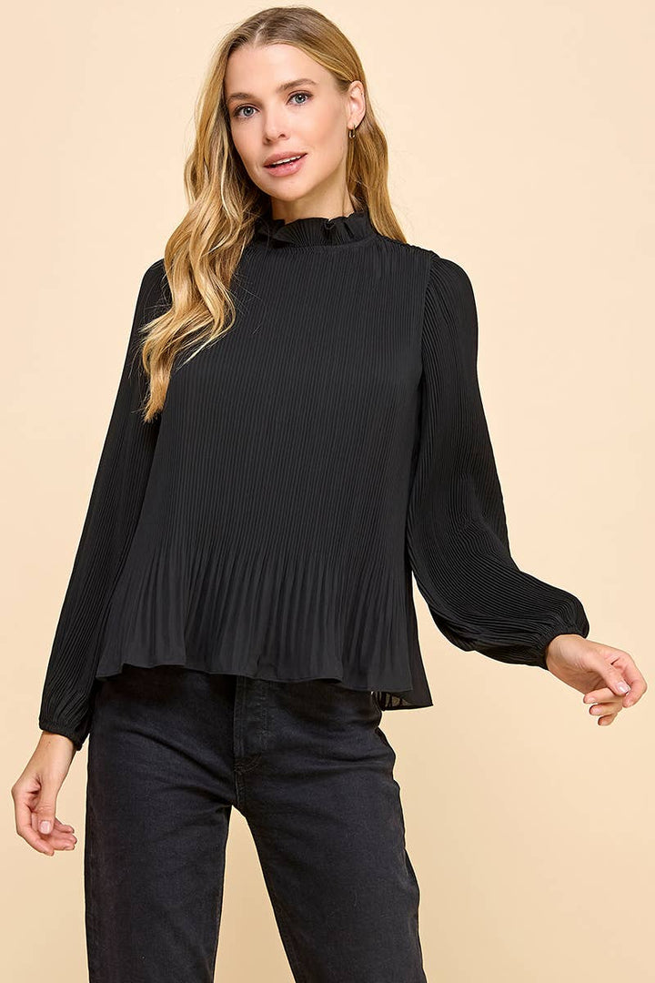 Black Pleated Mock Neckline Top
