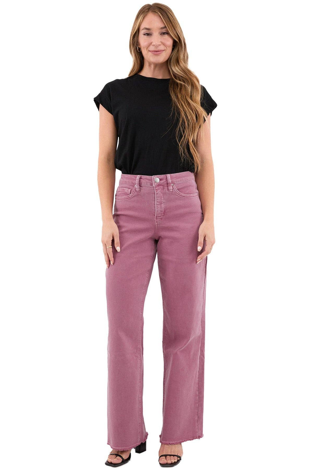 French Rose High Rise Frayed Wide Leg Pants
