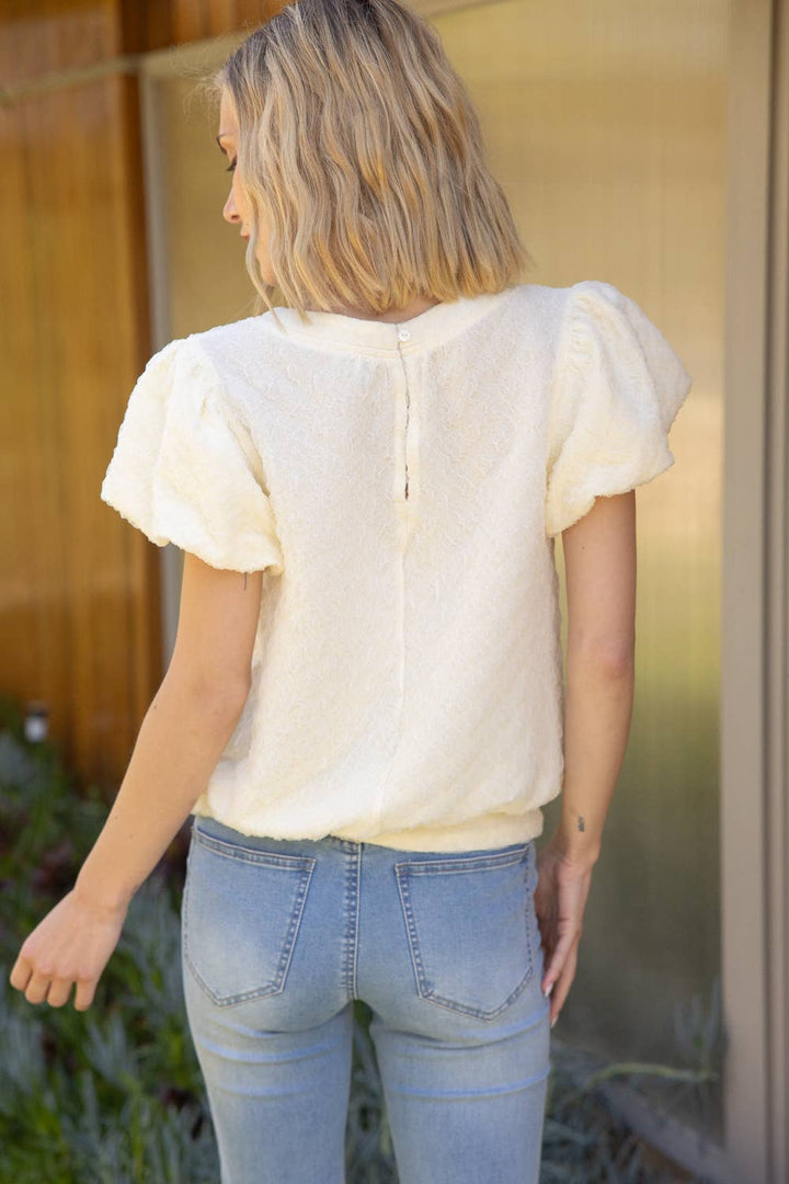 Cream Short Bubble Sleeve Textured Top