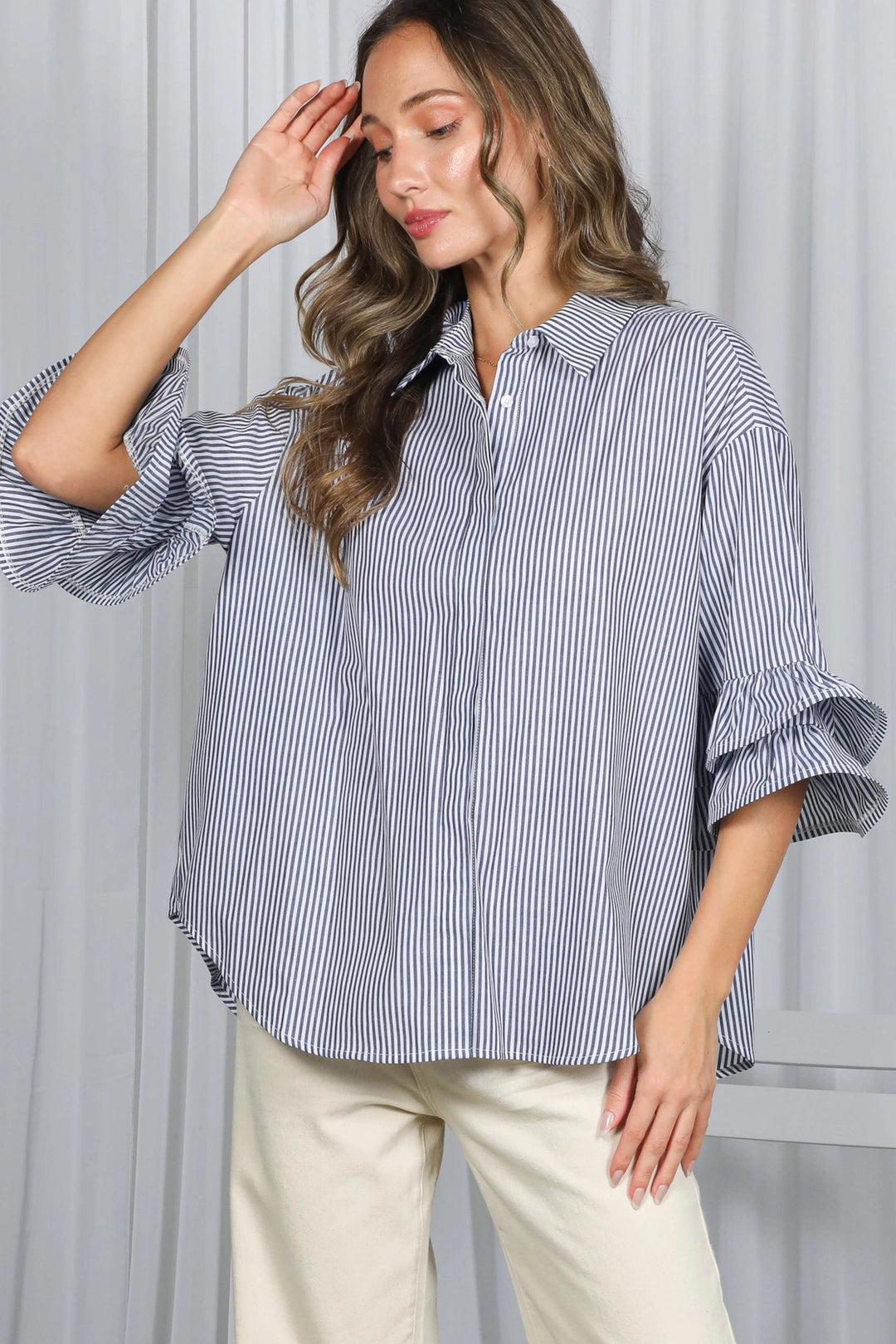 Striped Ruffle Sleeve Shirt