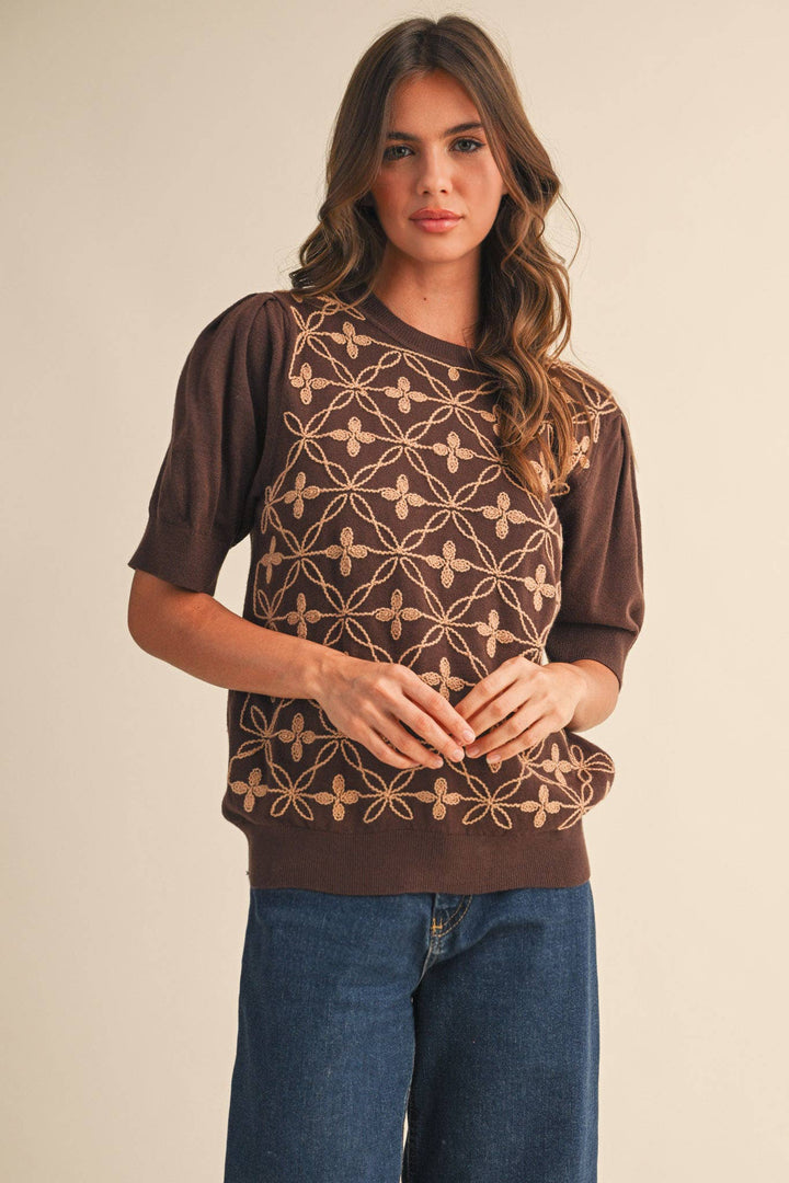 Brown Puff Sleeve Sweater Top