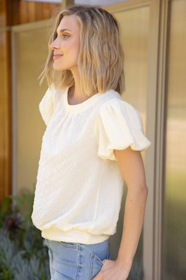 Cream Short Bubble Sleeve Textured Top