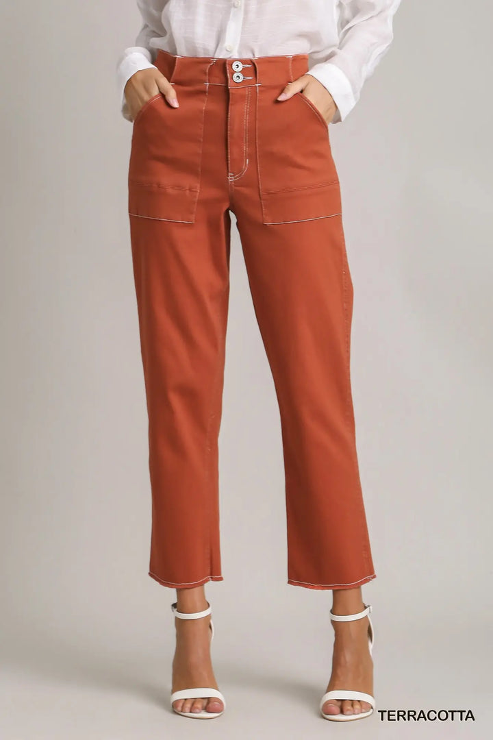 Twill Contrast-Trim Pants with Side Pockets