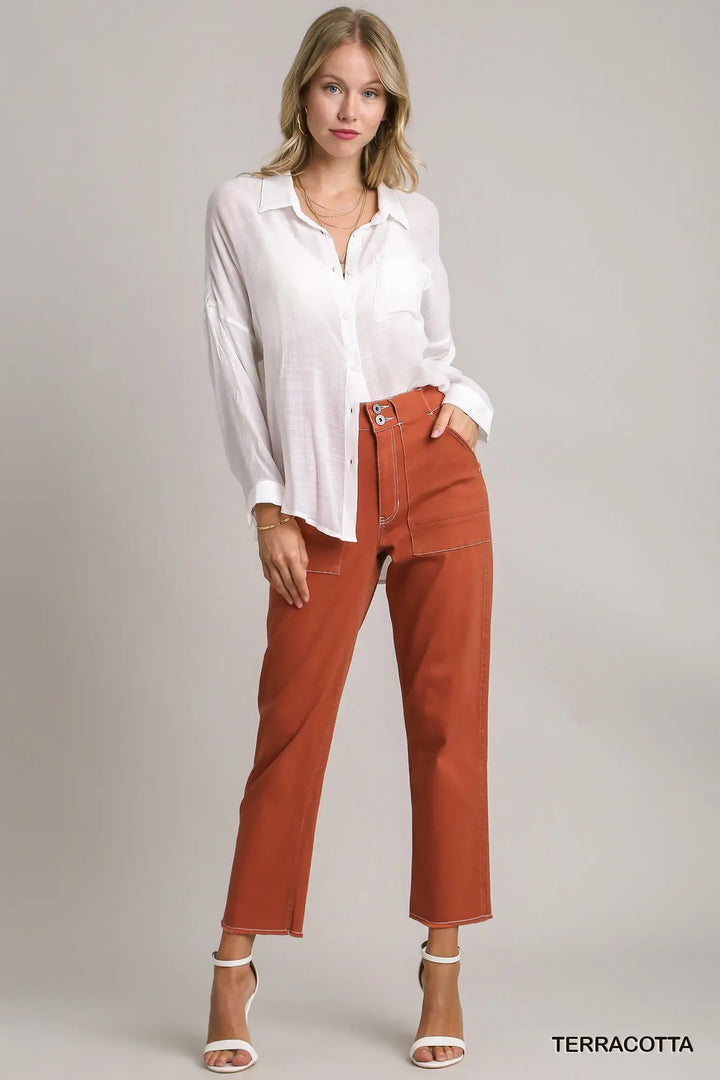 Twill Contrast-Trim Pants with Side Pockets