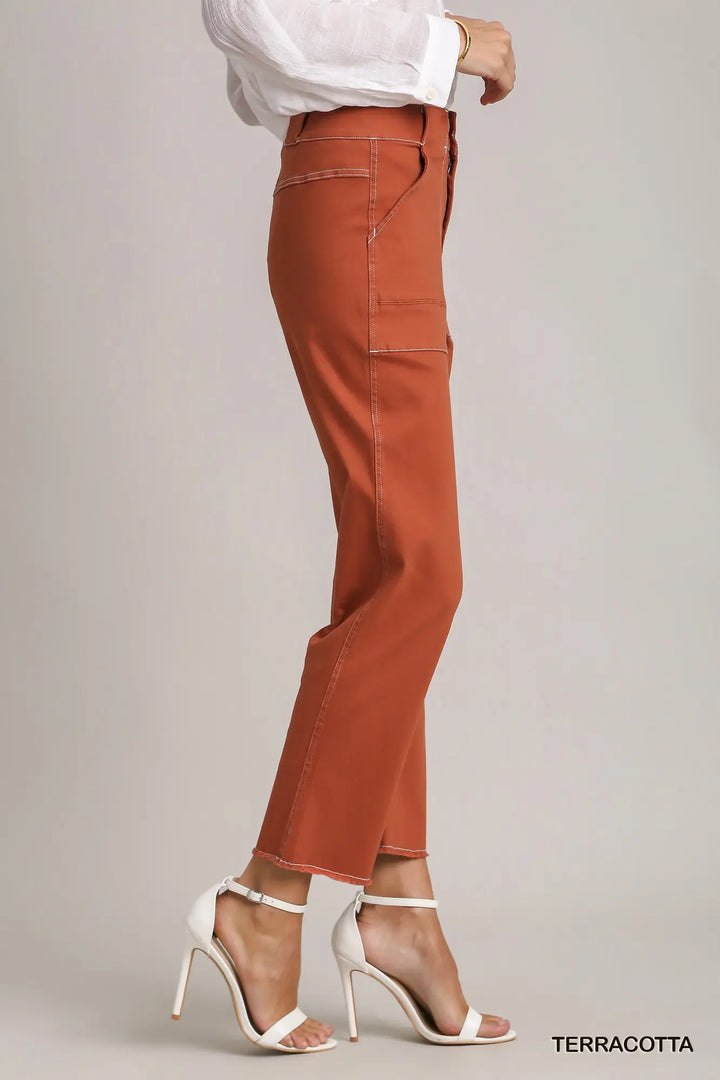 Twill Contrast-Trim Pants with Side Pockets