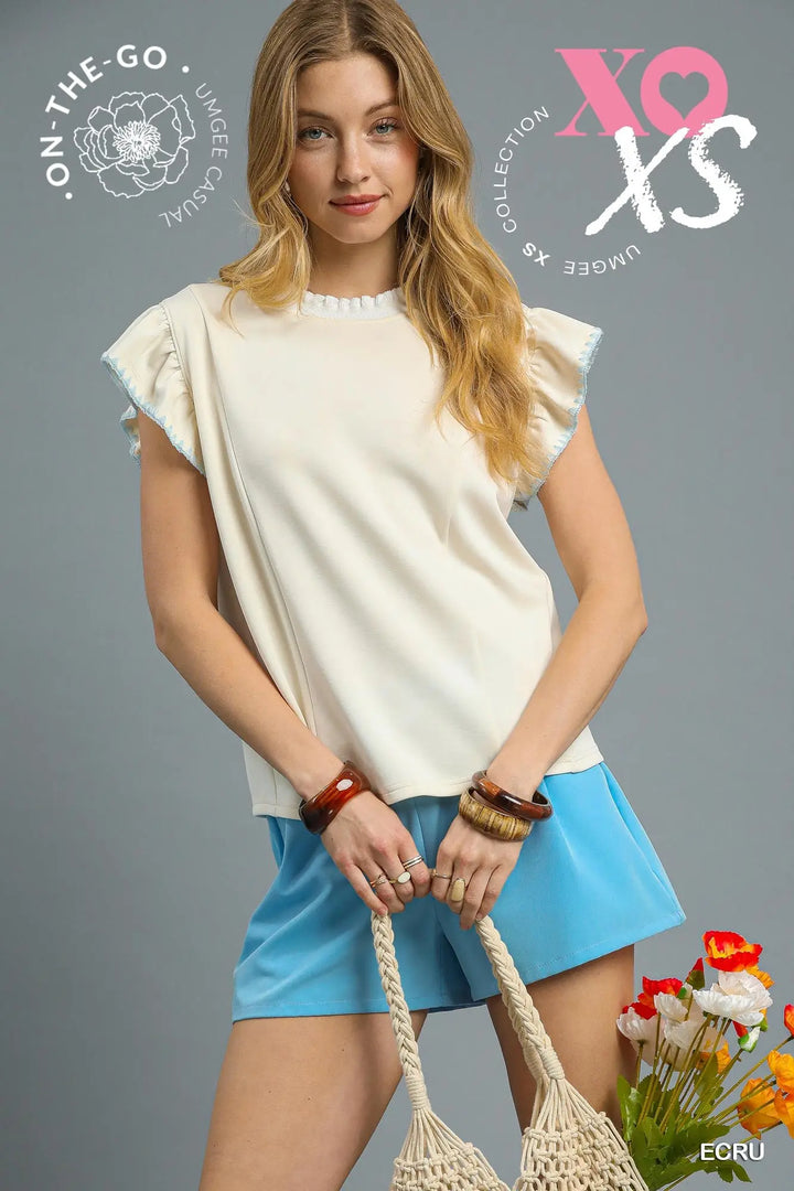 Ruffle Sleeve Knit Top with Contrast Trim