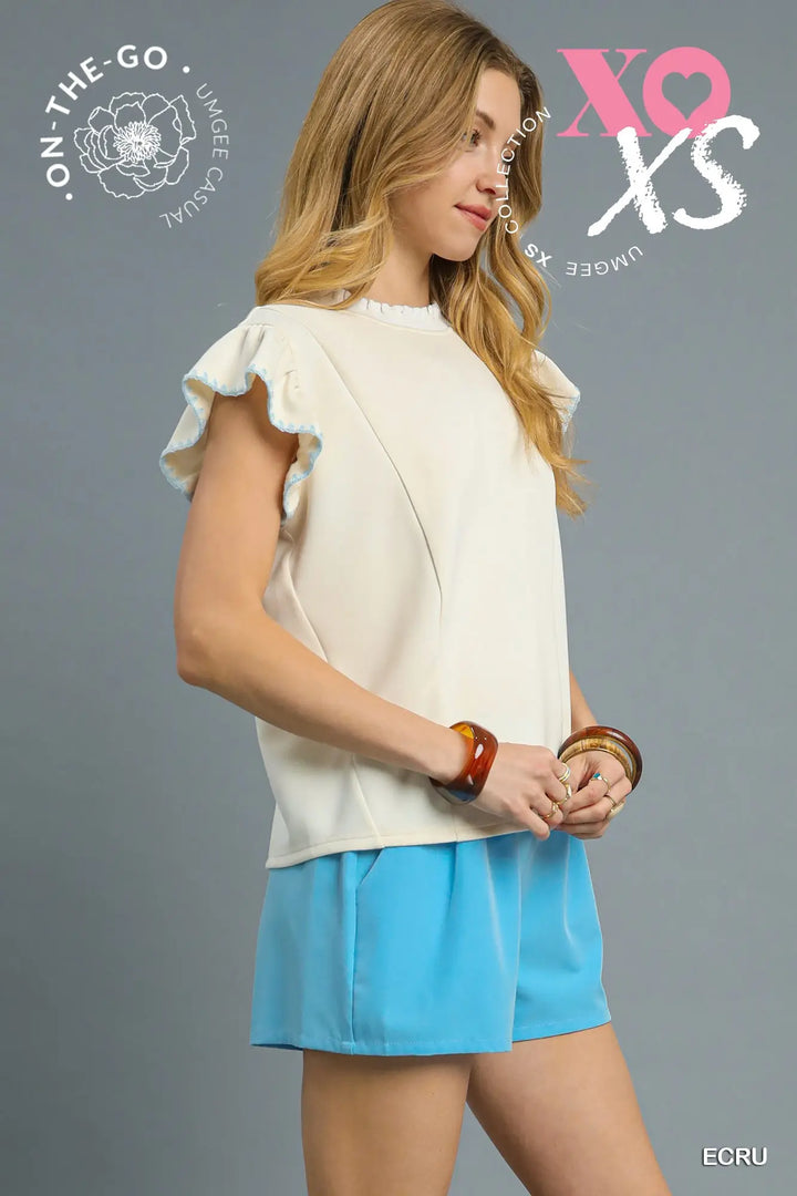 Ruffle Sleeve Knit Top with Contrast Trim