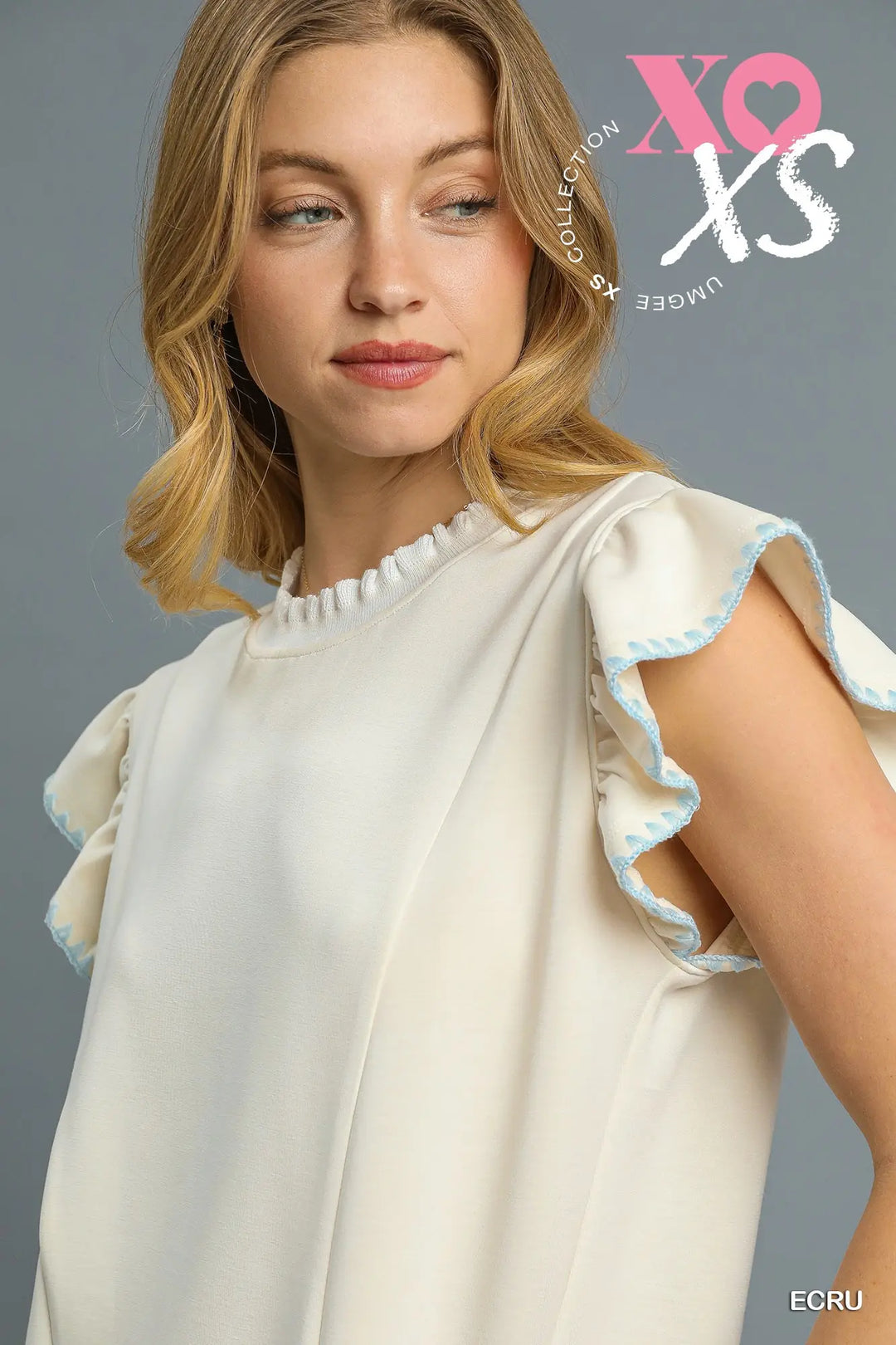 Ruffle Sleeve Knit Top with Contrast Trim