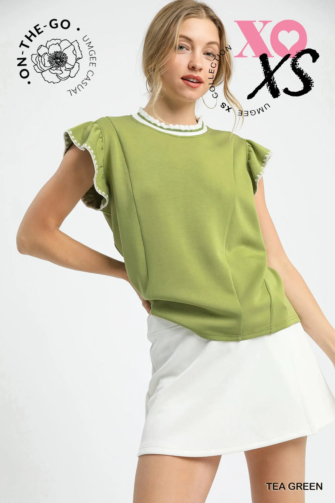 Ruffle Sleeve Knit Top with Contrast Trim