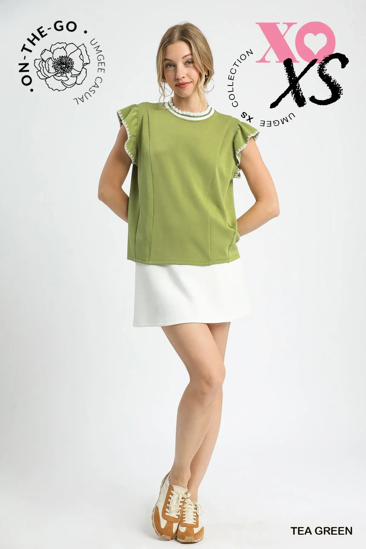 Ruffle Sleeve Knit Top with Contrast Trim
