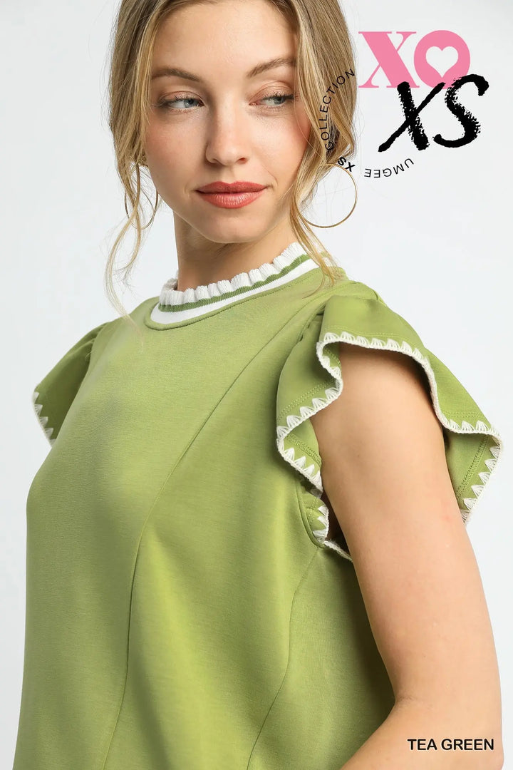 Ruffle Sleeve Knit Top with Contrast Trim