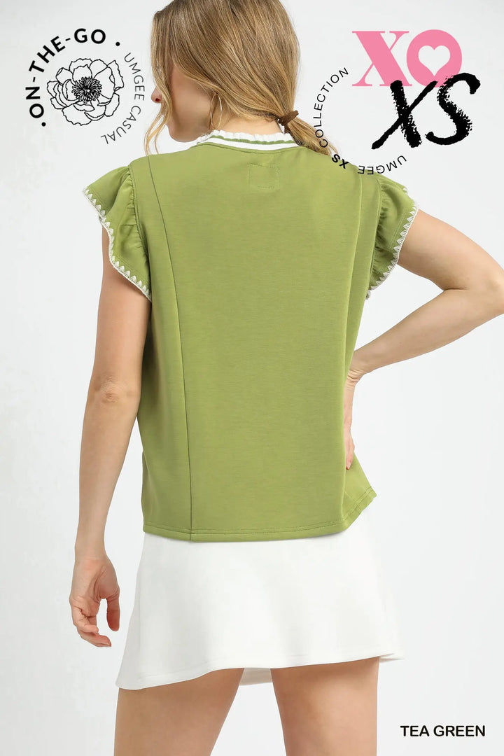 Ruffle Sleeve Knit Top with Contrast Trim
