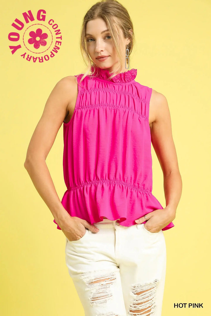Smocked Ruffle Neck Sleeveless Top