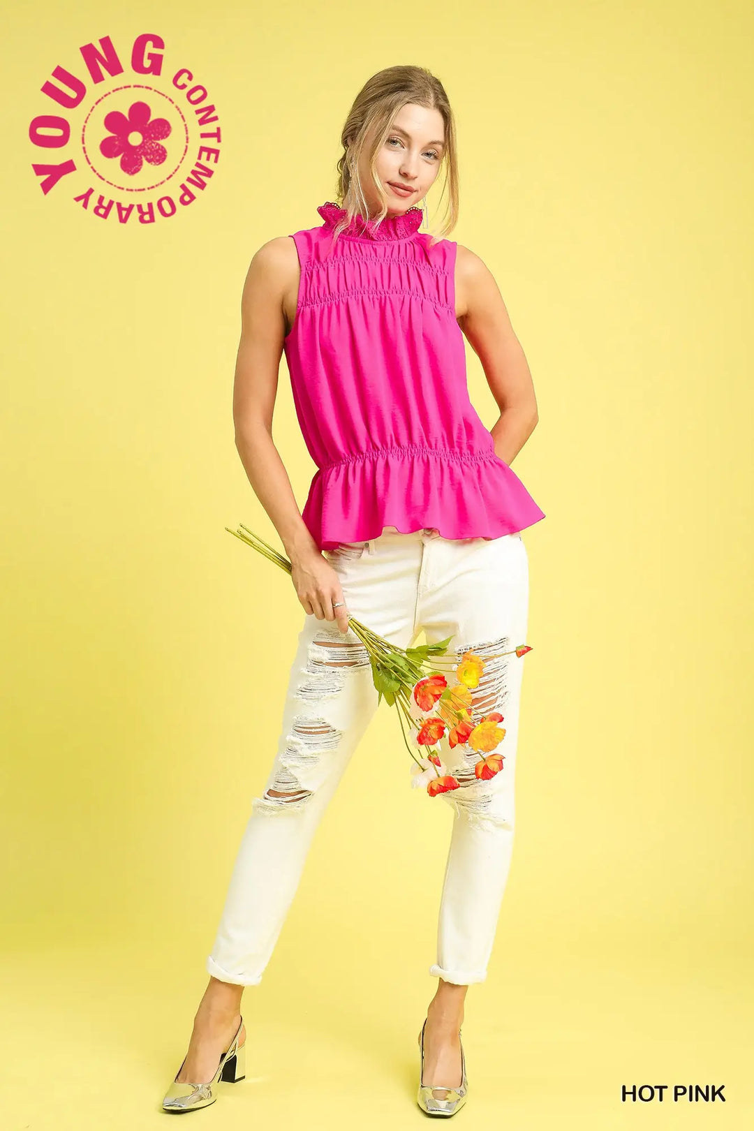 Smocked Ruffle Neck Sleeveless Top