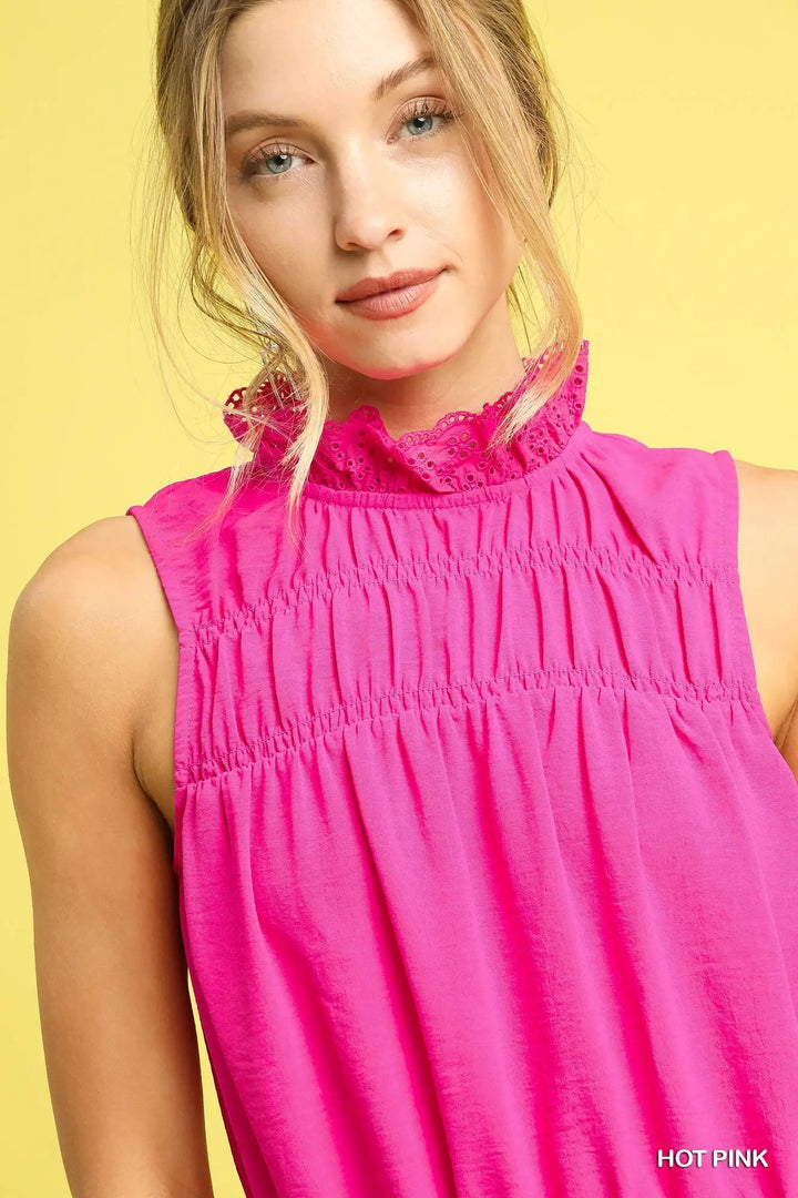 Smocked Ruffle Neck Sleeveless Top