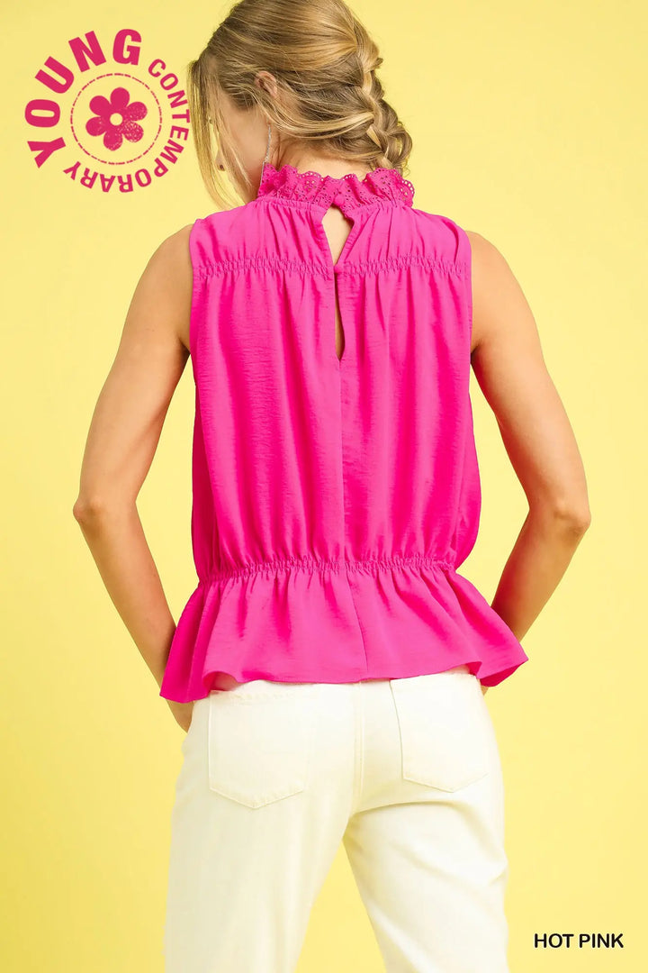 Smocked Ruffle Neck Sleeveless Top