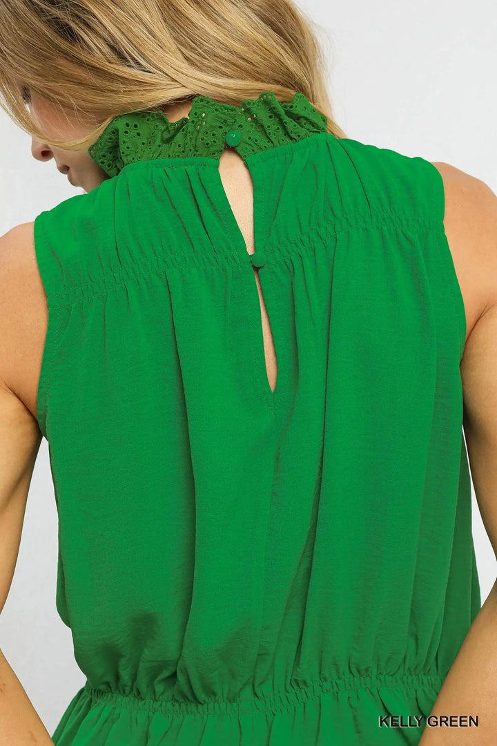 Smocked Ruffle Neck Sleeveless Top